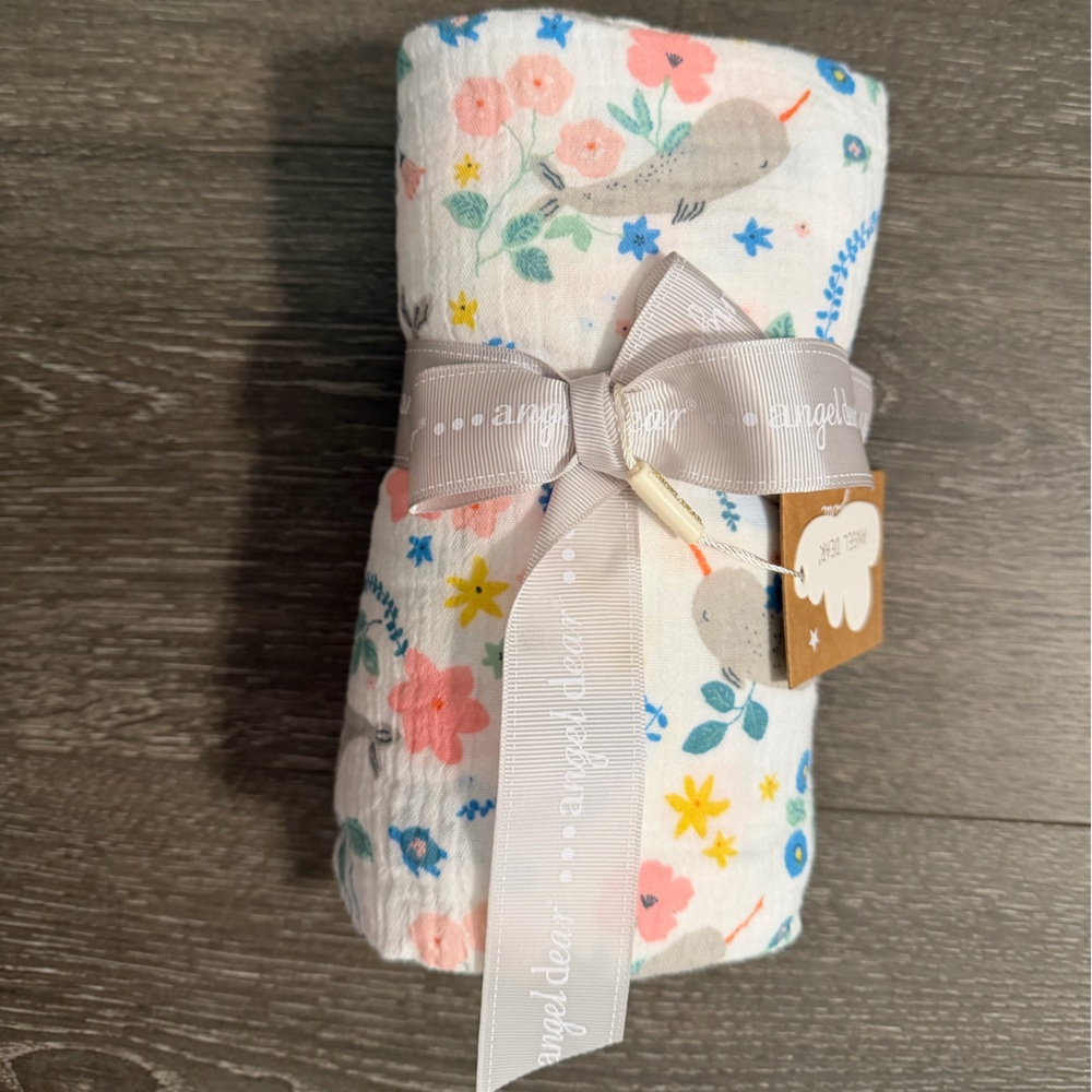 Angel Dear White Muslin Swaddle with Pink & Blue Floral Whale Print